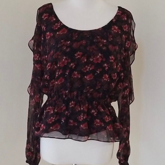 RACHEL ZOE Silk Ruffle-Sleeve Floral Top in Black/Red Multi Size XS - Picture 3 of 8